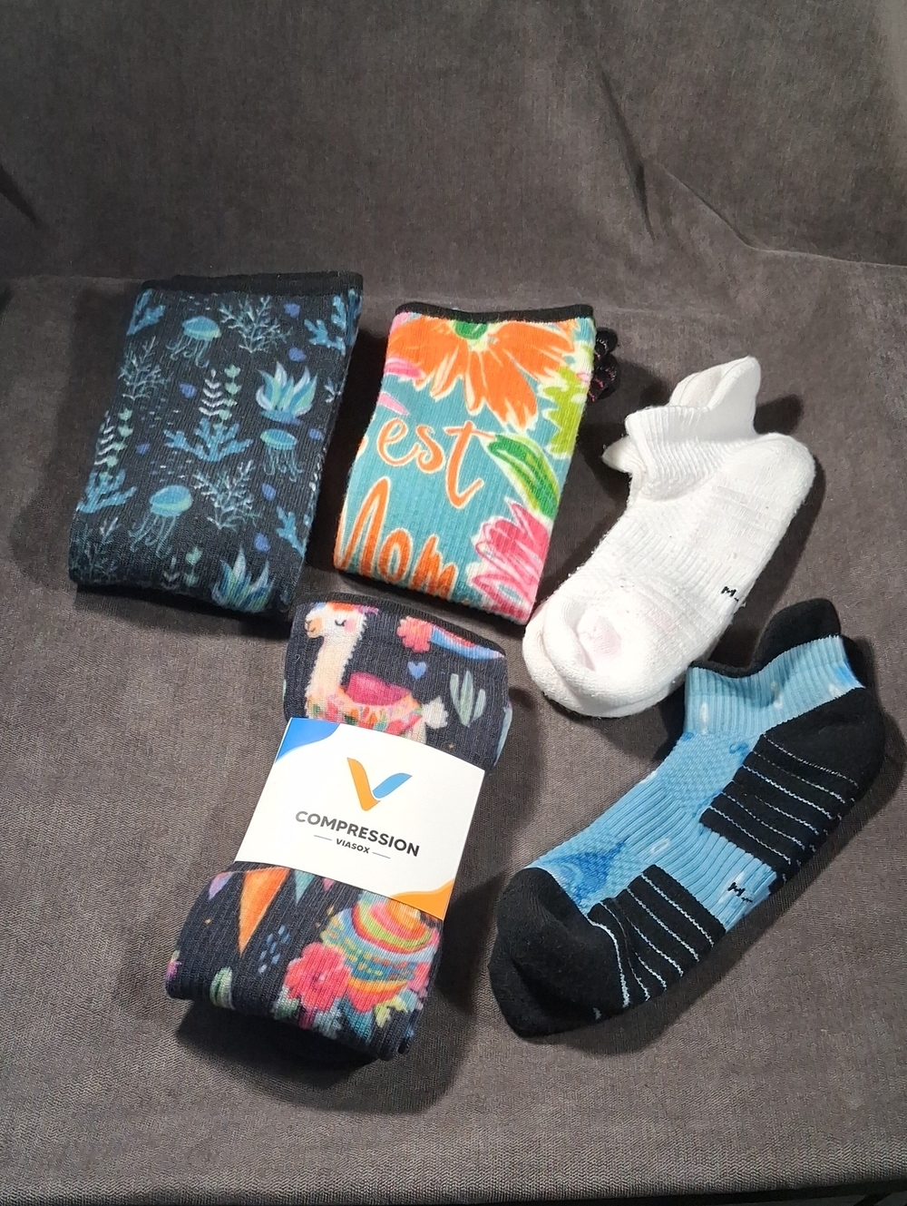 Viasox Lot of 5 Multicolour Compression Socks (3 Long + 2 Ankle) VG/NEW *ALL M/L